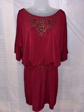 Thalia Sodi Burgundy Midi Dress with Gold Stud Detail